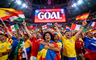 国际足联世界杯决赛现场，球迷欢呼庆祝进球瞬间